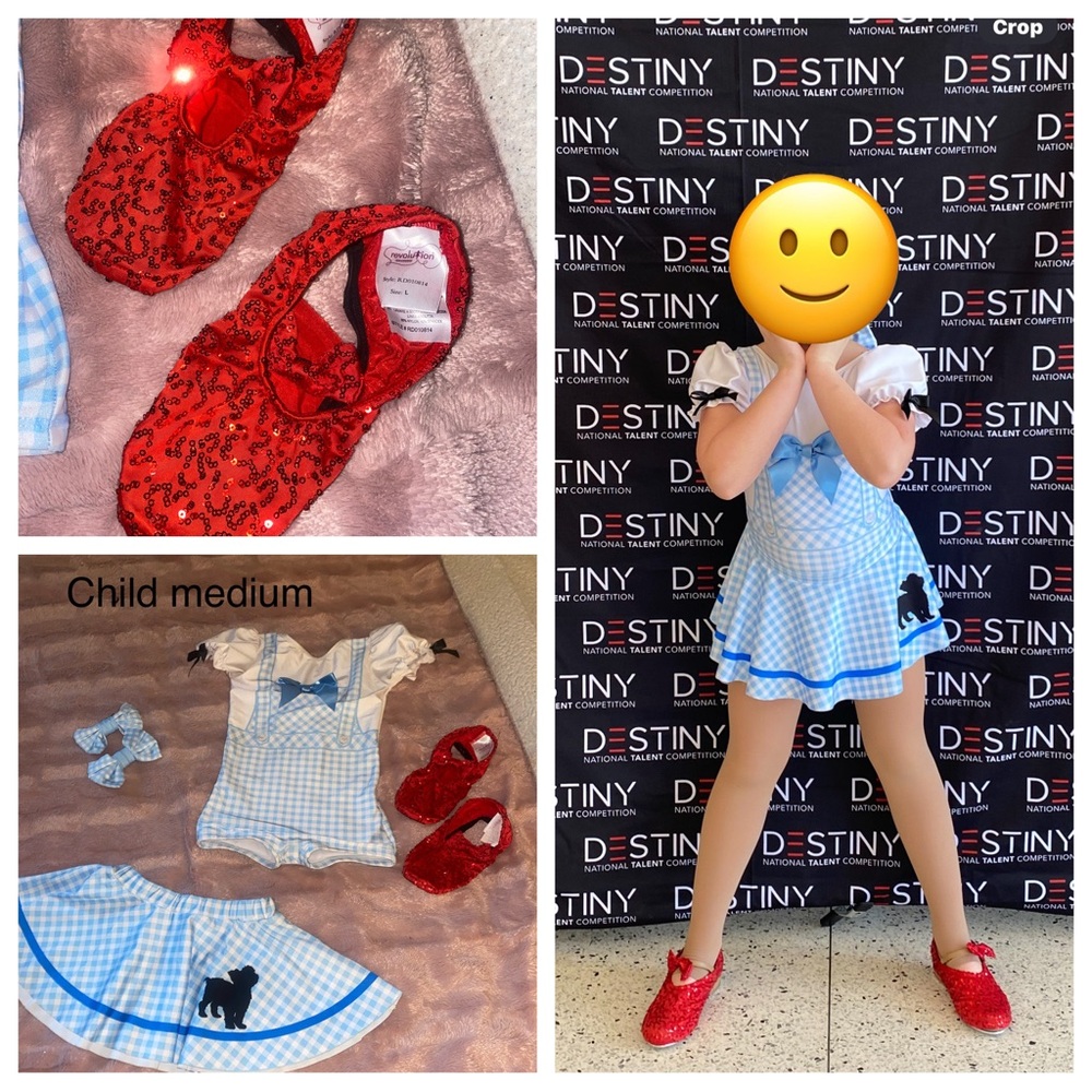 Blue and White Gingham childs Costume with Red tap shoe covers included